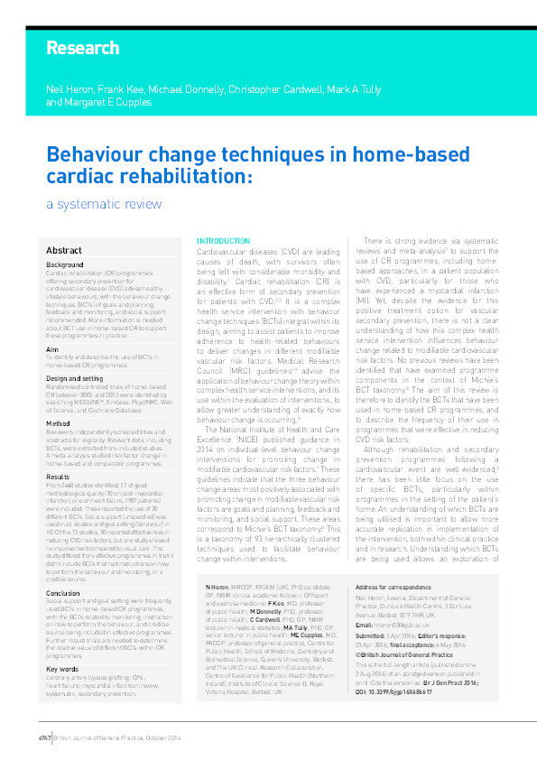 Behaviour change techniques in home-based cardiac rehabilitation: a systematic review Thumbnail