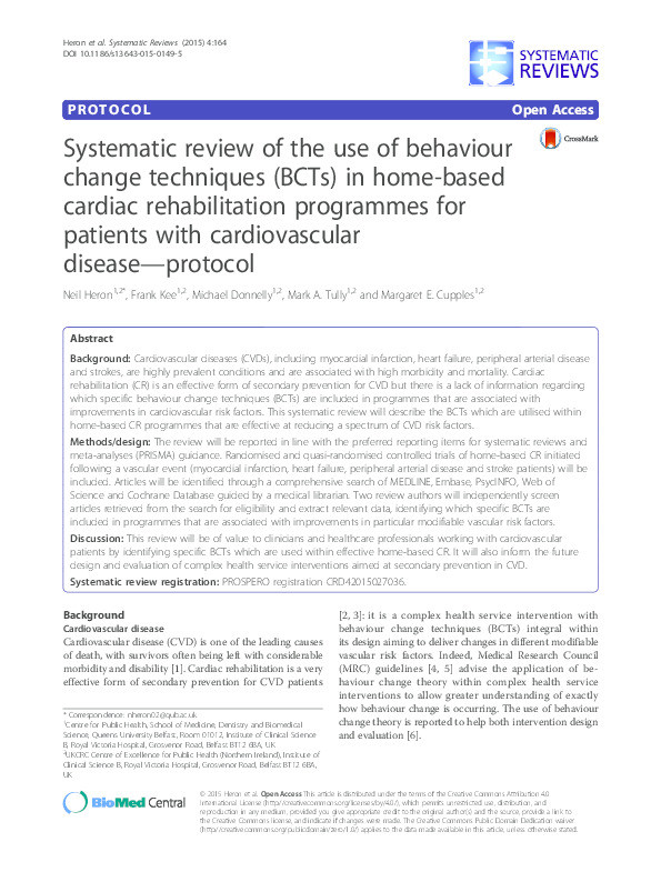 Systematic review of the use of behaviour change techniques (BCTs) in home-based cardiac rehabilitation programmes for patients with cardiovascular disease—protocol Thumbnail