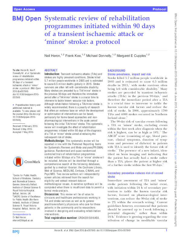 Systematic review of rehabilitation programmes initiated within 90 days of a transient ischaemic attack or 'minor' stroke: a protocol Thumbnail