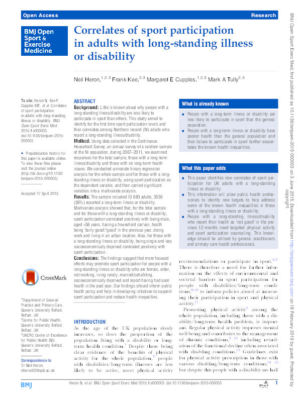 Correlates of sport participation in adults with long-standing illness or disability Thumbnail