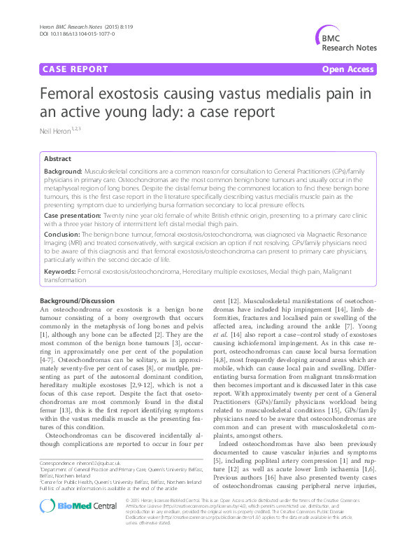 Femoral exostosis causing vastus medialis pain in an active young lady: a case report Thumbnail