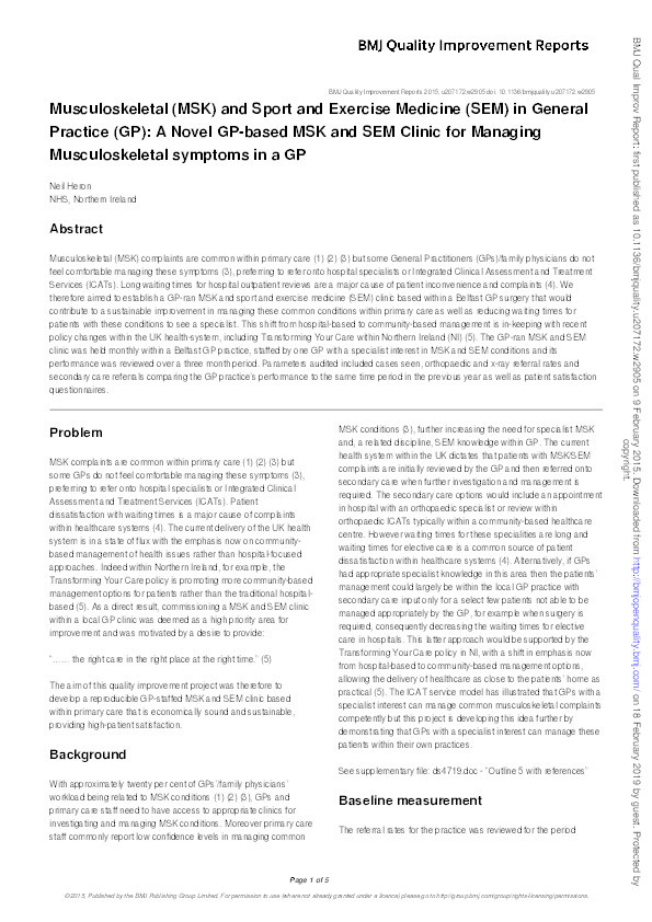 Musculoskeletal (MSK) and Sport and Exercise Medicine (SEM) in General Practice (GP): A Novel GP-based MSK and SEM Clinic for Managing Musculoskeletal symptoms in a GP Thumbnail
