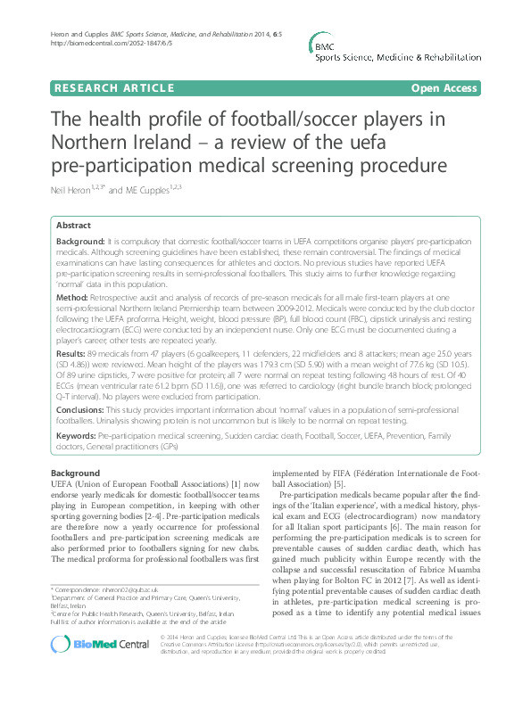 The health profile of football/soccer players in Northern Ireland – a review of the uefa pre-participation medical screening procedure Thumbnail