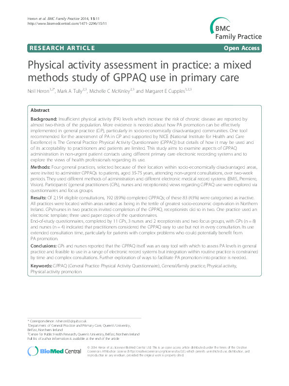 Physical activity assessment in practice: a mixed methods study of GPPAQ use in primary care Thumbnail