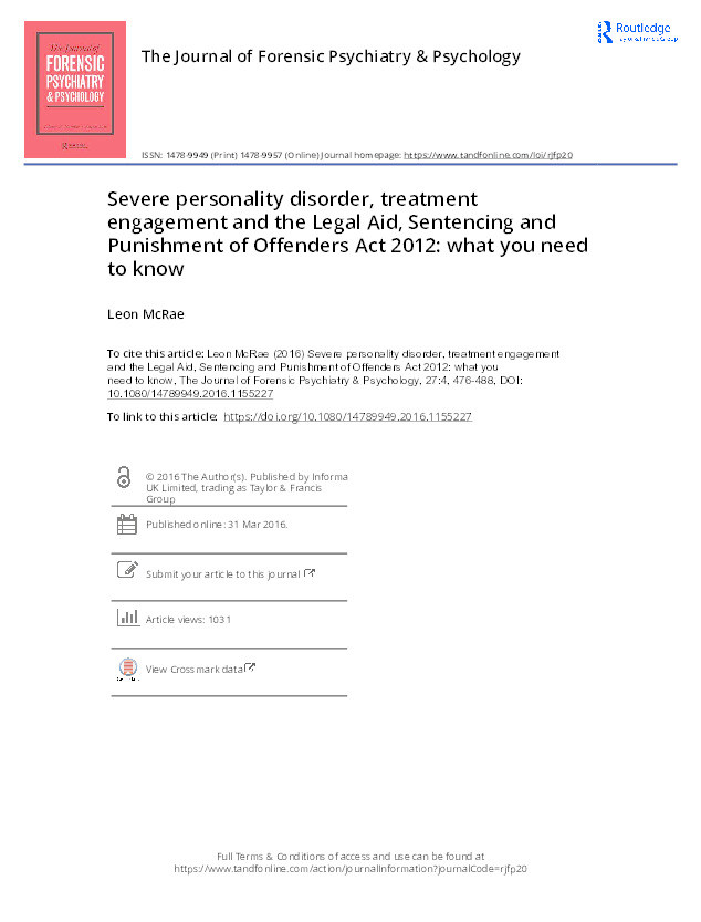 Severe personality disorder, treatment engagement and the Legal Aid, Sentencing and Punishment of Offenders Act 2012: what you need to know Thumbnail