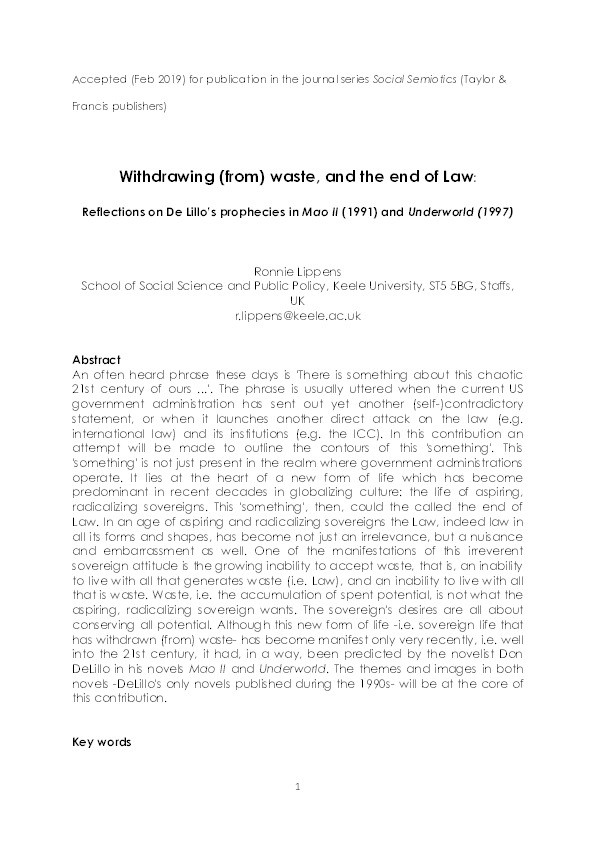 Withdrawing (from) Waste, and the End of Law: Reflections on Don DeLillo’s Prophecies in Mao II (1991) and Underworld (1997) Thumbnail