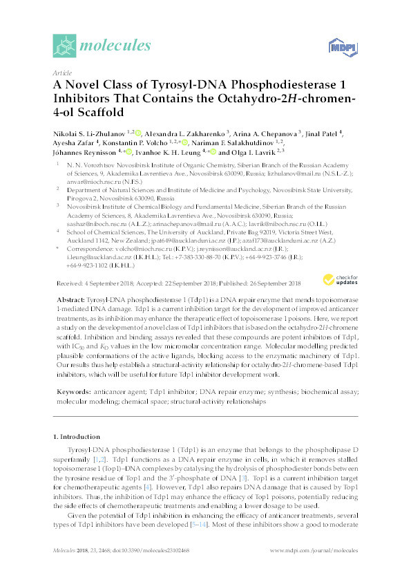 A Novel Class of Tyrosyl-DNA Phosphodiesterase 1 Inhibitors That Contains the Octahydro-2H-chromen-4-ol Scaffold. Thumbnail