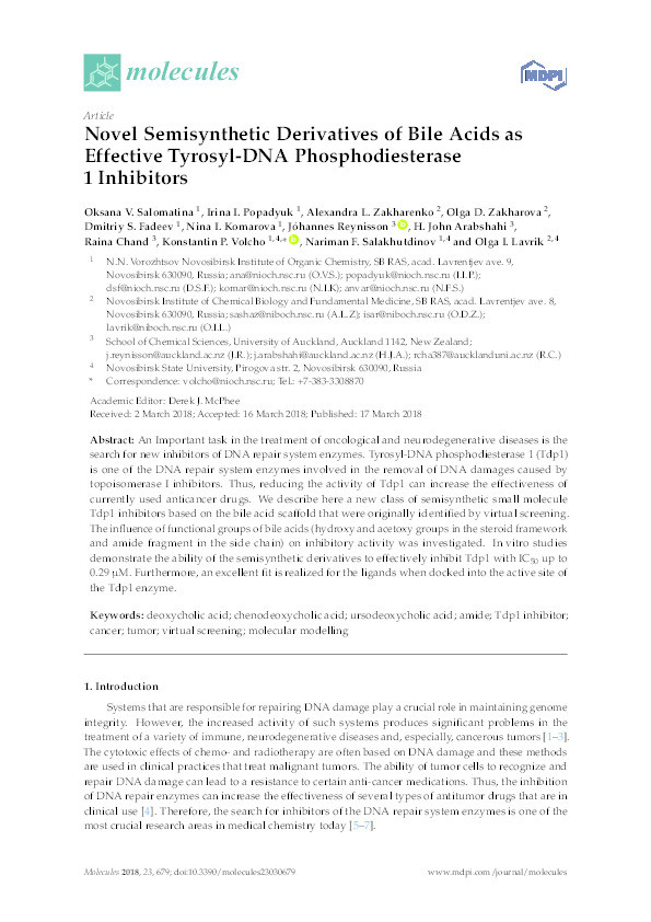 Novel Semisynthetic Derivatives of Bile Acids as Effective Tyrosyl-DNA Phosphodiesterase 1 Inhibitors. Thumbnail
