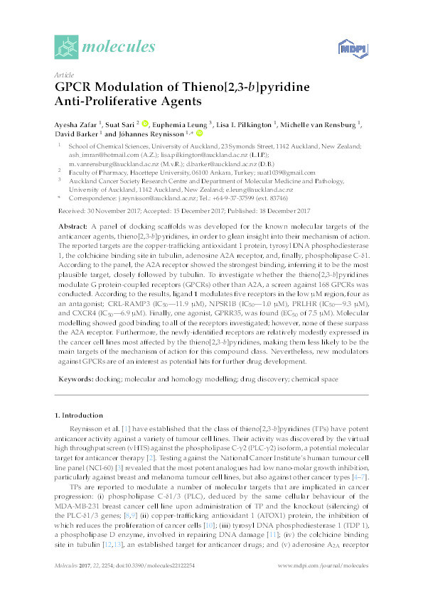 GPCR Modulation of Thieno[2,3-b]pyridine Anti-Proliferative Agents. Thumbnail