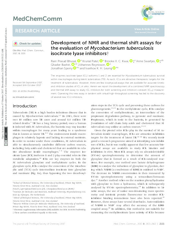 Development of NMR and thermal shift assays for the evaluation of Mycobacterium tuberculosis isocitrate lyase inhibitors. Thumbnail