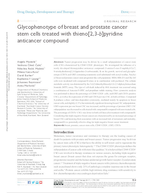 Glycophenotype of breast and prostate cancer stem cells treated with thieno[2,3-b]pyridine anticancer compound. Thumbnail