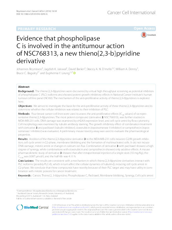 Evidence that phospholipase C is involved in the antitumour action of NSC768313, a new thieno[2,3-b]pyridine derivative. Thumbnail