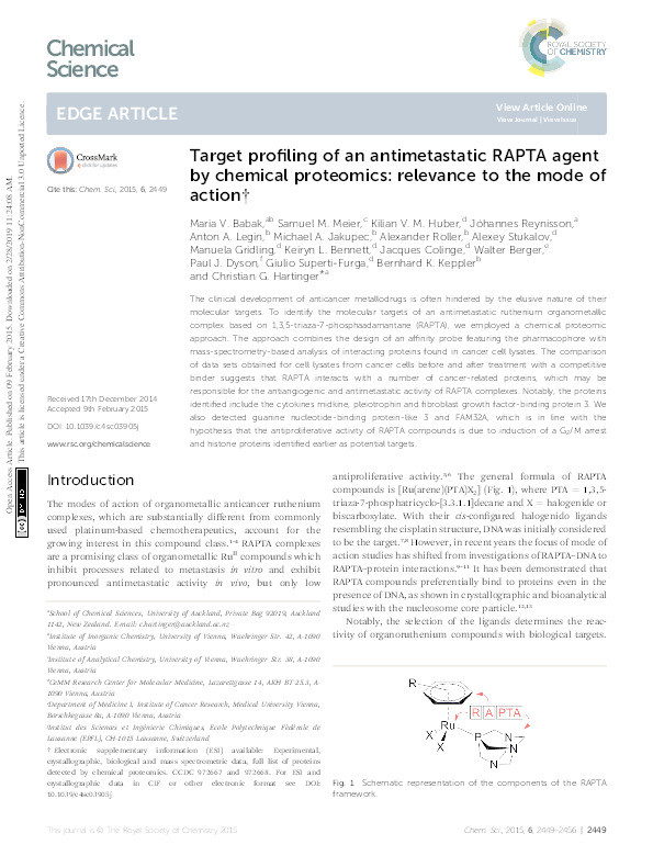 Target profiling of an antimetastatic RAPTA agent by chemical proteomics: relevance to the mode of action. Thumbnail