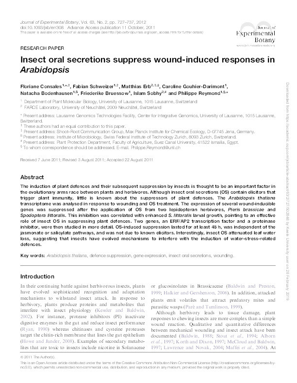 Insect oral secretions suppress wound-induced responses in Arabidopsis. Thumbnail