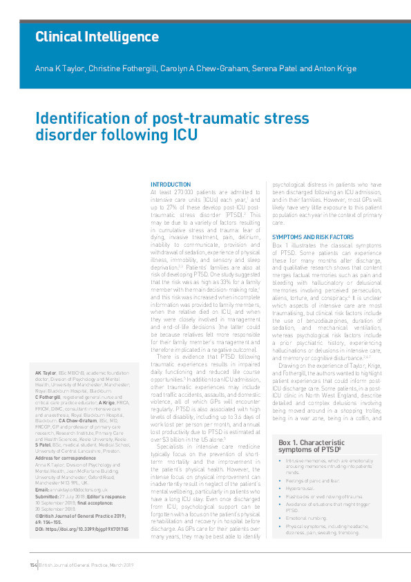 Identification of post-traumatic stress disorder following ICU Thumbnail