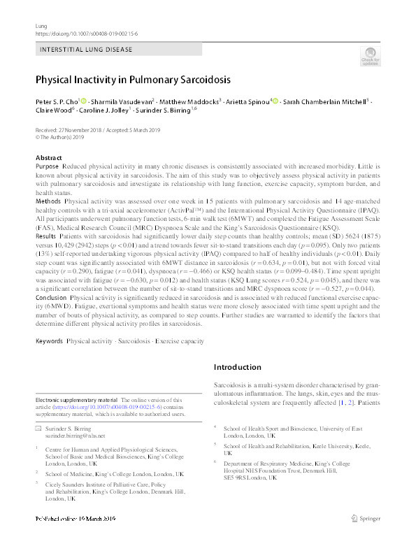 Physical inactivity in pulmonary sarcoidosis Thumbnail