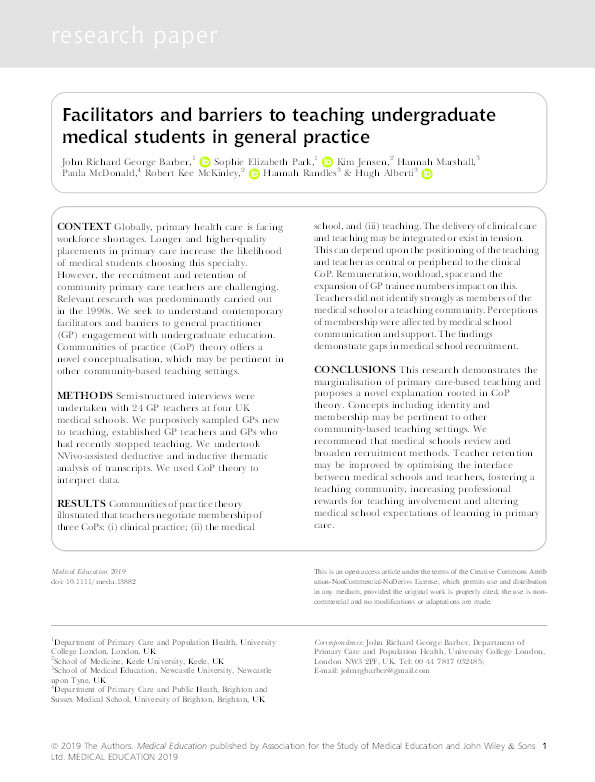 Facilitators and barriers to teaching undergraduate medical students in general practice Thumbnail