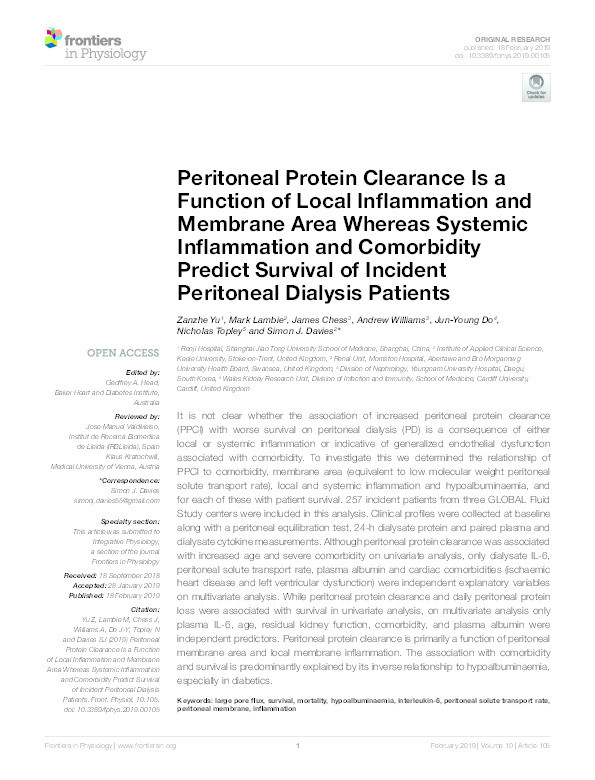 Peritoneal Protein Clearance Is a Function of Local Inflammation and Membrane Area Whereas Systemic Inflammation and Comorbidity Predict Survival of Incident Peritoneal Dialysis Patients Thumbnail