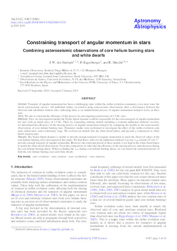 Constraining transport of angular momentum in stars Combining asteroseismic observations of core helium burning stars and white dwarfs Thumbnail
