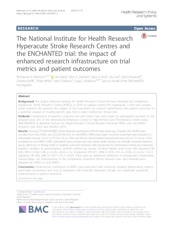 The National Institute for Health Research Hyperacute Stroke Research Centres and the ENCHANTED trial: the impact of enhanced research infrastructure on trial metrics and patient outcomes Thumbnail