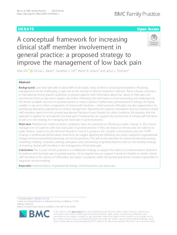 A conceptual framework for increasing clinical staff member involvement in general practice: a proposed strategy to improve the management of low back pain Thumbnail