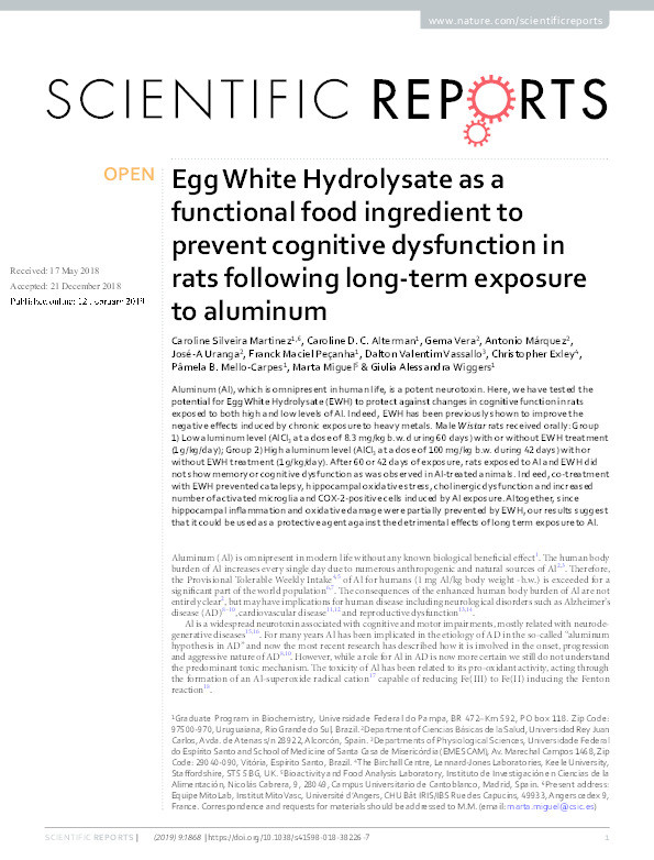 Egg White Hydrolysate as a functional food ingredient to prevent cognitive dysfunction in rats following long-term exposure to aluminum Thumbnail