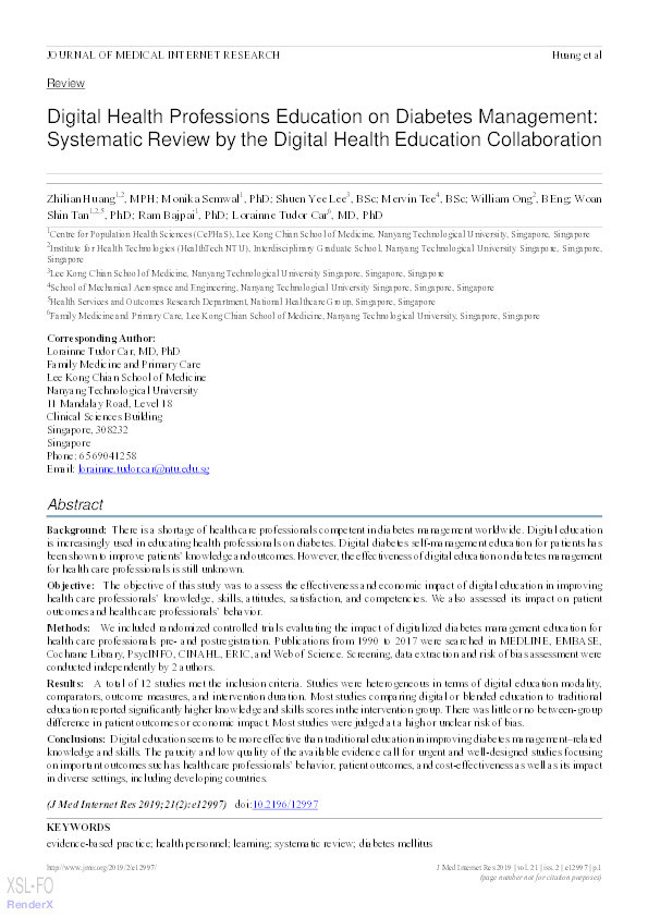 Digital Health Professions Education on Diabetes Management: Systematic Review by the Digital Health Education Collaboration Thumbnail