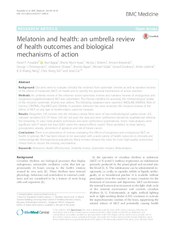 Melatonin and health: an umbrella review of health outcomes and biological mechanisms of action Thumbnail