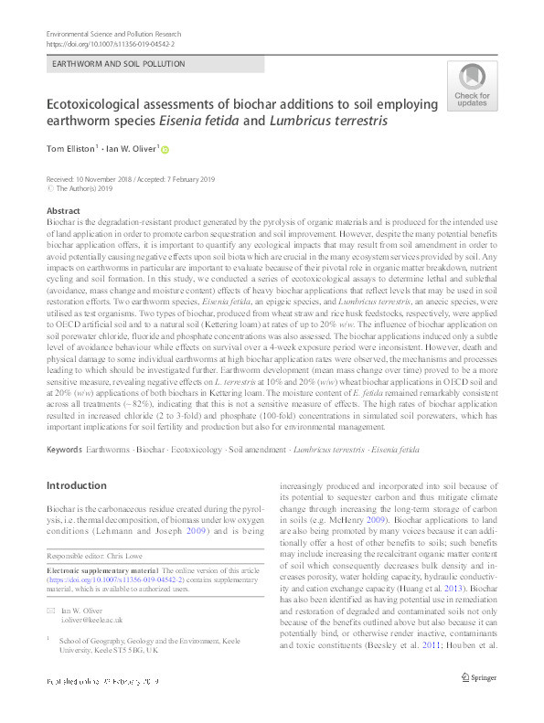 Ecotoxicological assessments of biochar additions to soil employing earthworm species Eisenia fetida and Lumbricus terrestris. Thumbnail