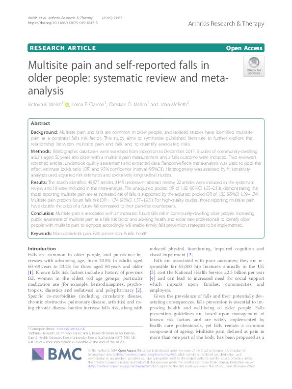 Multisite pain and self-reported falls in older people: systematic review and meta-analysis. Thumbnail