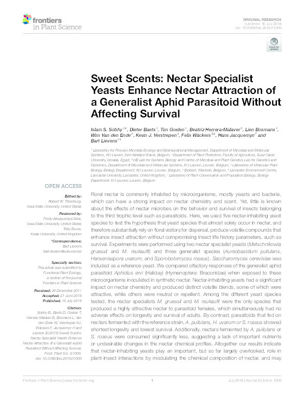 Sweet Scents: Nectar Specialist Yeasts Enhance Nectar Attraction of a Generalist Aphid Parasitoid Without Affecting Survival Thumbnail