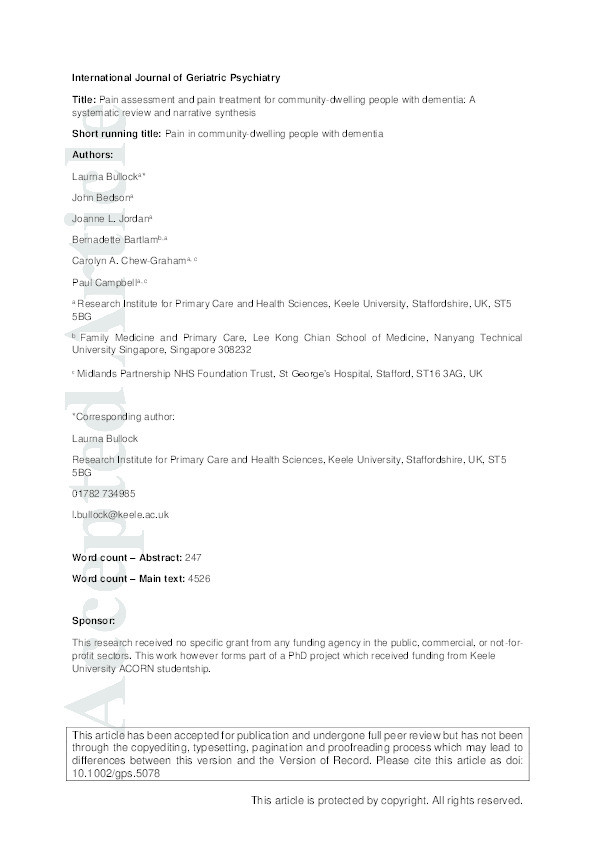 Pain assessment and pain treatment for community-dwelling people with dementia: A systematic review and narrative synthesis Thumbnail