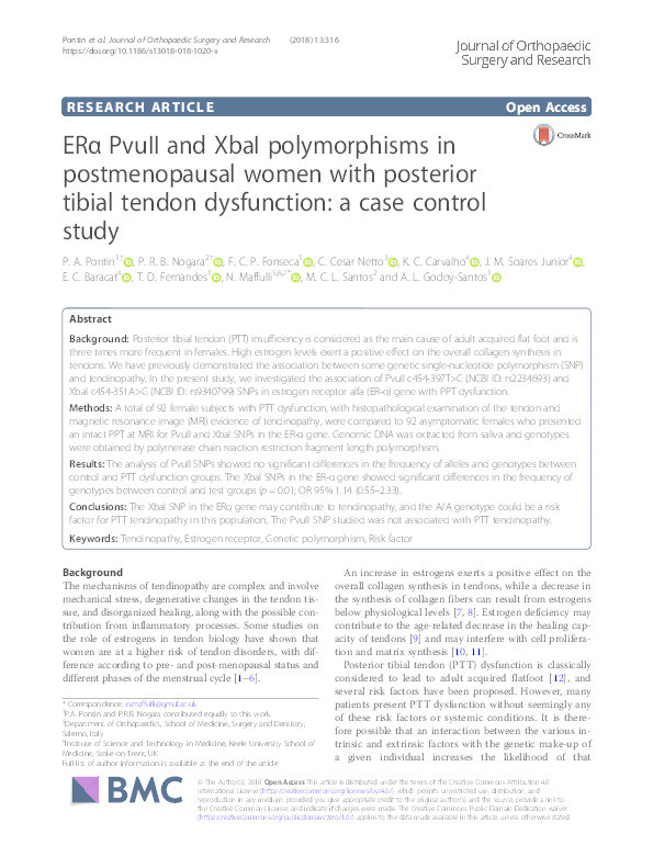 ERa PvuII and XbaI polymorphisms in postmenopausal women with posterior tibial tendon dysfunction: a case control study. Thumbnail