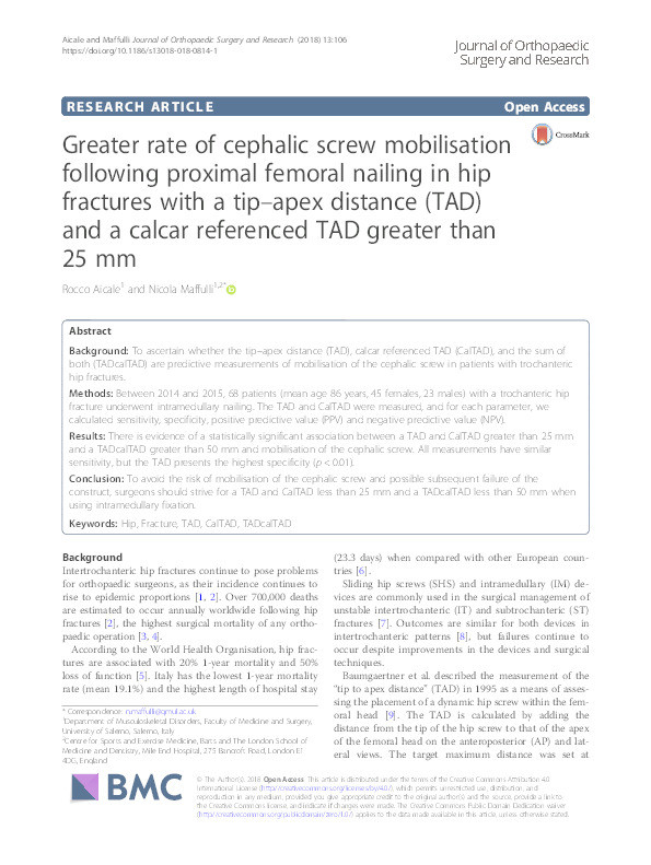 Greater rate of cephalic screw mobilisation following proximal femoral nailing in hip fractures with a tip-apex distance (TAD) and a calcar referenced TAD greater than 25 mm. Thumbnail