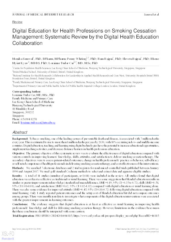 Digital Education for Health Professions on Smoking Cessation Management: Systematic Review by the Digital Health Education Collaboration. Thumbnail