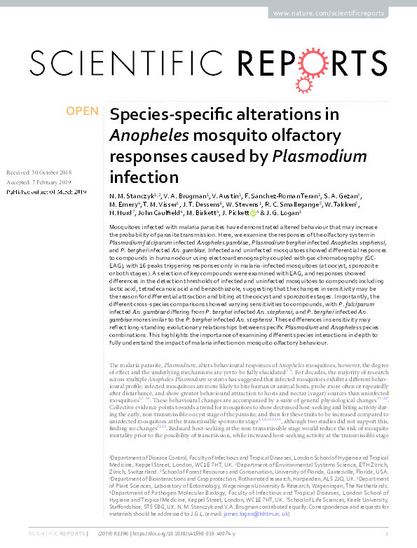 Species-specific alterations in Anopheles mosquito olfactory responses caused by Plasmodium infection Thumbnail