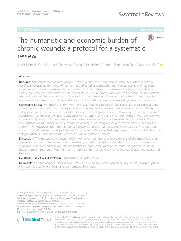 The humanistic and economic burden of chronic wounds: a protocol for a systematic review Thumbnail