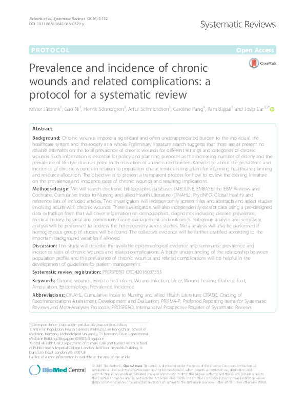 Prevalence and incidence of chronic wounds and related complications: a protocol for a systematic review Thumbnail