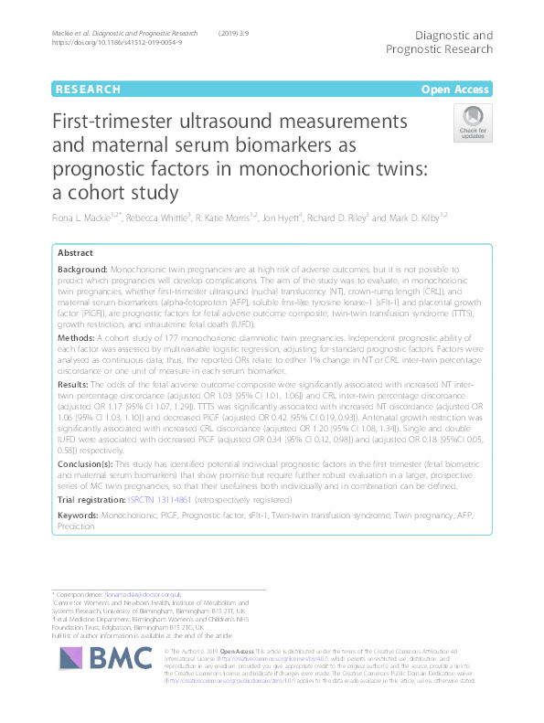 First trimester ultrasound measurements and maternal serum biomarkers as prognostic factors in monochorionic twins: a cohort study Thumbnail