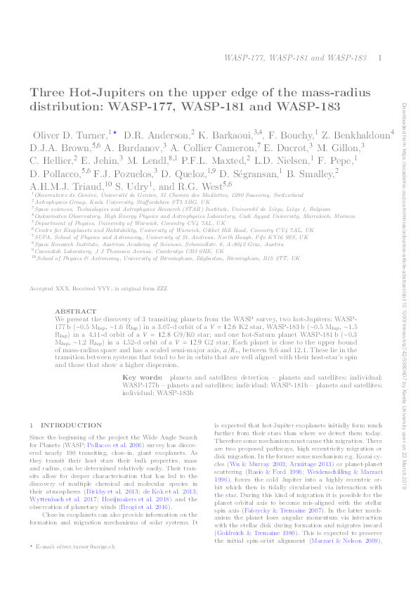 Three Hot-Jupiters on the upper edge of the mass-radius distribution: WASP-177, WASP-181 and WASP-183 Thumbnail