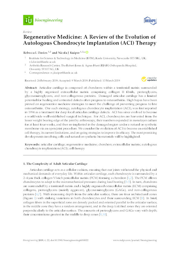 Regenerative Medicine: A Review of the Evolution of Autologous Chondrocyte Implantation (ACI) Therapy. Thumbnail