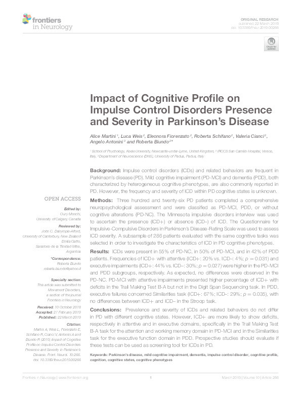 Impact of Cognitive Profile on Impulse Control Disorders Presence and Severity in Parkinson's Disease Thumbnail