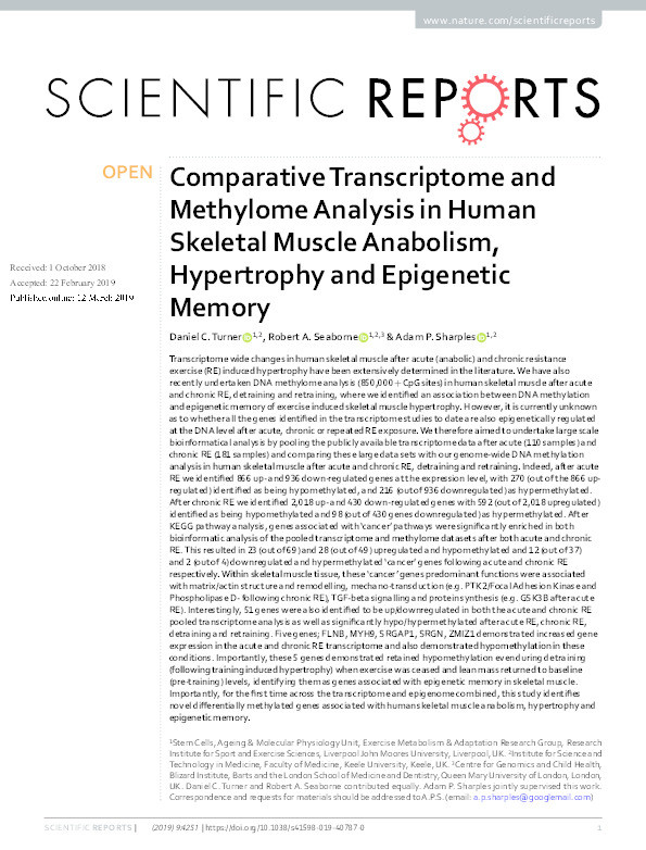 Comparative Transcriptome and Methylome Analysis in Human Skeletal Muscle Anabolism, Hypertrophy and Epigenetic Memory Thumbnail
