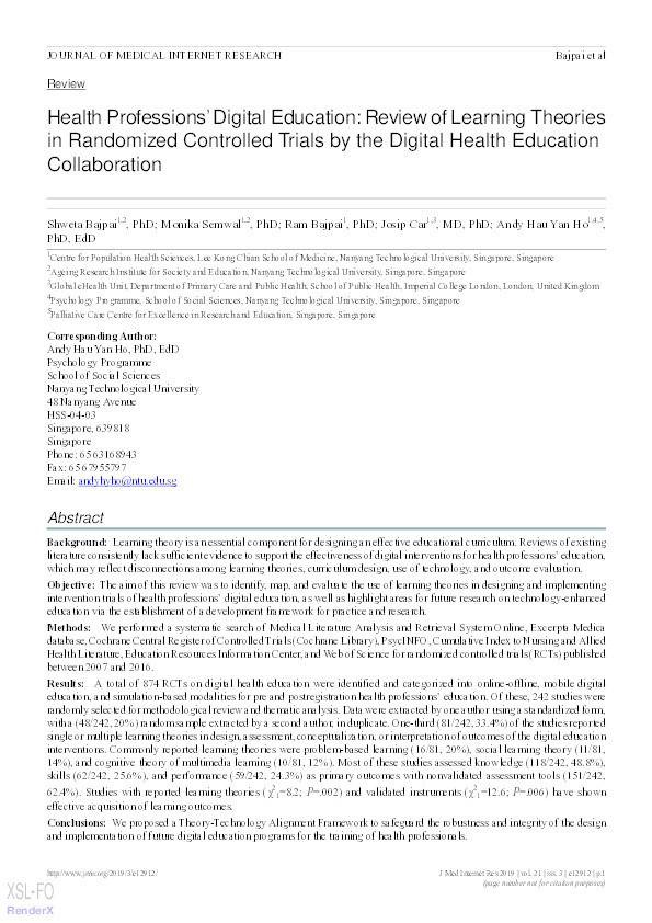 Health Professions' Digital Education: Review of Learning Theories in Randomized Controlled Trials by the Digital Health Education Collaboration Thumbnail