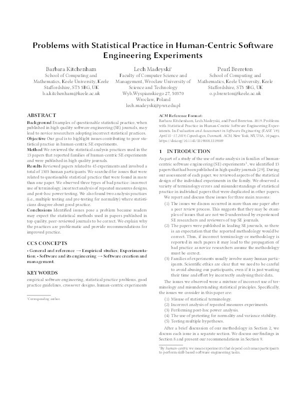 Problems with Statistical Practice in Software Engineering Research Thumbnail