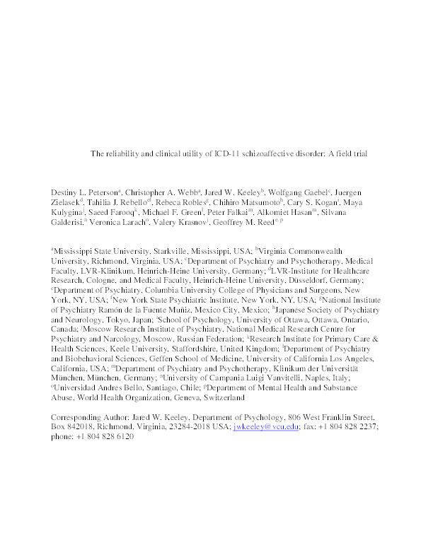 The reliability and clinical utility of ICD-11 schizoaffective disorder: A field trial. Thumbnail