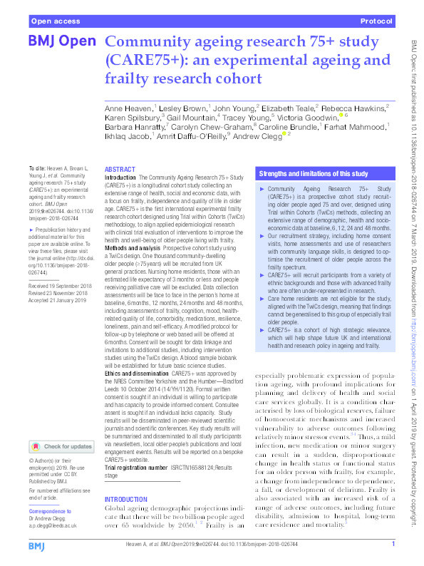 Community ageing research 75+ study (CARE75+): an experimental ageing and frailty research cohort Thumbnail