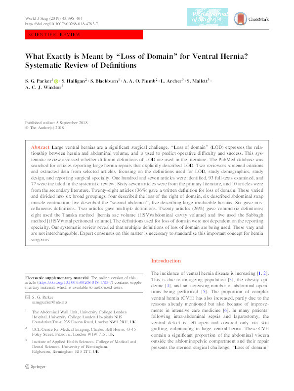 What exactly is meant by ‘‘Loss of Domain’’ for ventral hernia? Systematic Review of Definitions Thumbnail