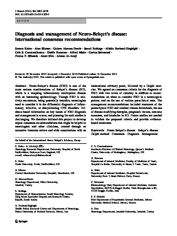 Diagnosis and management of Neuro-Behçet's disease: international consensus recommendations. Thumbnail