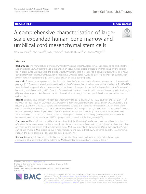 A comprehensive characterisation of large-scale expanded human bone marrow and umbilical cord mesenchymal stem cells. Thumbnail
